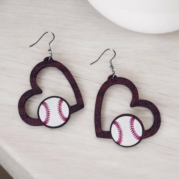 Heart Baseball Wood Earring - Picture 4 of 5